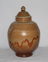 Antique JA Höganäs Ceramic Urn Or Lidded Vase 33 cm Tall orange and sand for sale. JA urne vase krukke med låg orange og sandfarvet til salg
