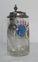 German Enameled Glass Beer Mug 1800's With Pewter Lid 19,5 cm bierstein for sale. Tysk emalje emaljeret øl ølkrus krus glas tin låg til salg